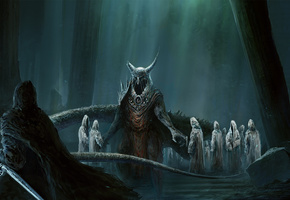 демоны, Лес, нежить, корни, меч, рога