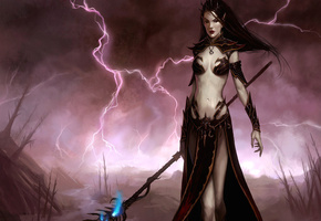 магия, молния, посох, Девушка, эльф