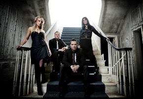 девушки, парни, лестница, группа, ступеньки, Skillet, rock