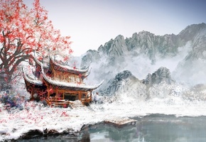 рисунок, озеро, горы, здание, снег, Азия, пристань