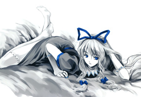 рисунок, девушка, touhou, ленты, лежит, чулки, Misaki kurehito