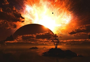 Другой мир, острова, небо, красный, планета, вода