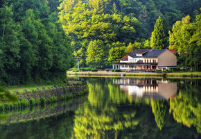 природа, река, отражение, Германия, дом, деревья, лето