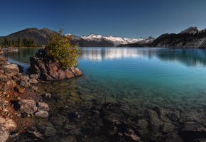 небо, горы, деревья, лес, склон, снег, скалы, Пейзаж