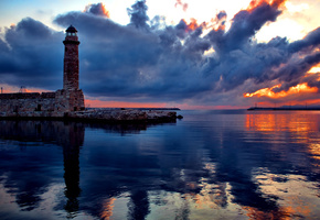 Небо, отражение, облака, закат, маяк