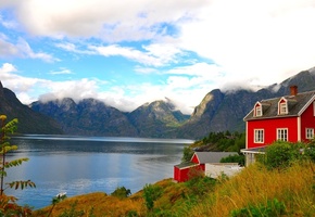 Небо, пейзаж, озеро, лодка, природы, горы, облака, дом