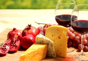 сыр, гранат, вино, фрукты, Бокалы, красное, виноград