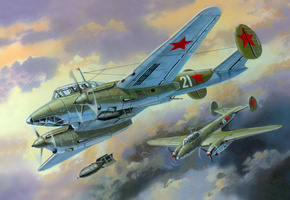 рисунок, бомбардировщики, Пе-2, налёт, пикирование