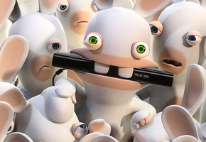 kinect, грызёт, синие, Raving rabbids, глаза, кролики, зеленые