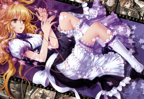 ленты, Touhou, звездочки, лежит, девушка, пленка