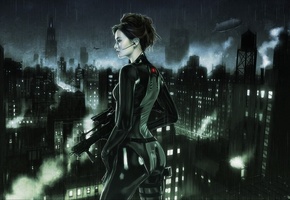 ночь, азиатка, оружие, город, дождь, Девушка