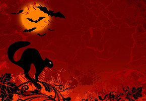 кот, черный, мыши, рисунок, ветка, Хеллоуин, красный фон