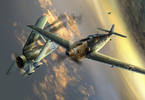 Война, сражение в небе, чайка, ме-109, и-153