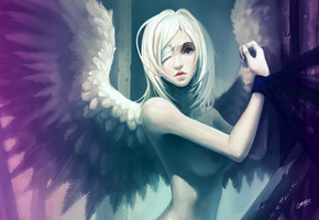 девушка, chenbo, Арт, крылья, повязка, ангел, связана