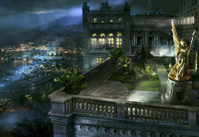 причал, балкон, ночь, статуя, ангел, Монако