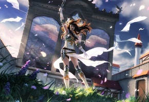 здание, цветы, Magic the gathering, меч, крылья, девушка, замок