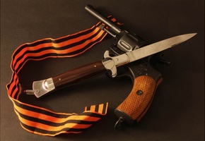 лента, георгиевская, фон, наган, выкидуха, Оружие