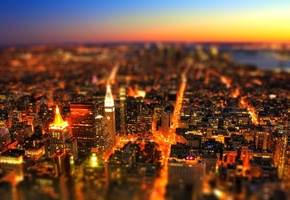 огни, Город, tilt shift, небо, эфект