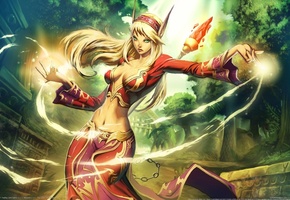 посох, эльфийка, магия, эльф, девушка, город, World of warcraft