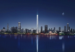 огни, Сша, озеро, отражение, город, ночь, чикаго