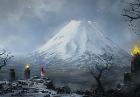 огонь, blinck, гора, девушка, пик, рыжая, снег, Арт, камни