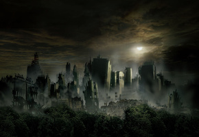 Разрушенный город, небоскребы, темное небо