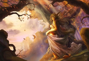 уши, эльфийка, эльф, листья, осень, Арт, лес