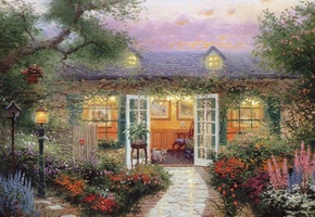 веранда, домик, кинкейд, Thomas kinkade, лето, коттедж, собака