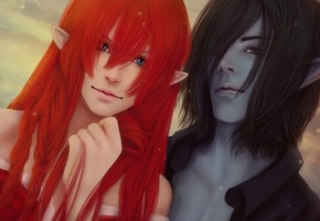 пара, эльф, эльфийка, Девушка, косы, парень, рыжая, уши