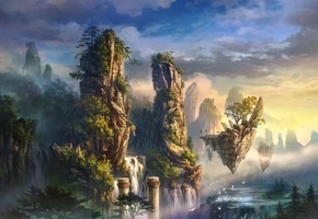 пейзаж, Арт, колонны, птицы, туман, водопад, горы, скалы