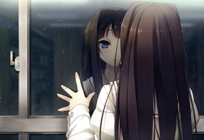 окно, капли, дождь, взгляд, девушка, Аниме, отражение