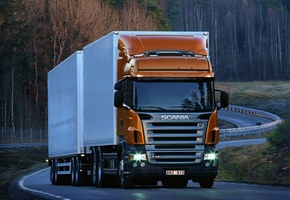 грузовик, лес, дорога, r420, Scania, прицеп