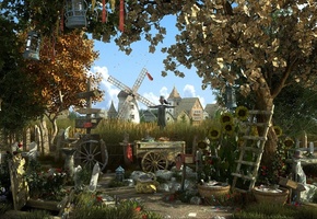 город, поле, пугало, мельница, jason godbey, деревья, Арт