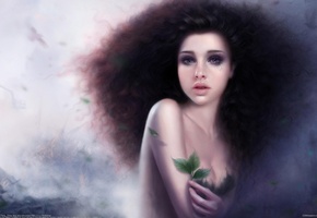 ruoxing zhang, волосы, девушка, Арт, листья, птицы