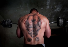 татуировка, череп, качок, Штанга
