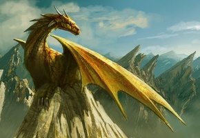 горы, облака, Рисунок, скала, дракон