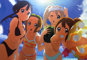 K-on, девушки, пляж, небо