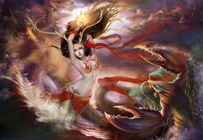 русалка, море, рога, nana hang, волны, рак, девушка, Арт