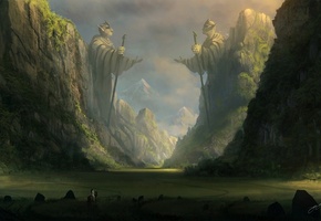 скалы, статуя, blinck, всадник, Арт, эльф, горы, путник