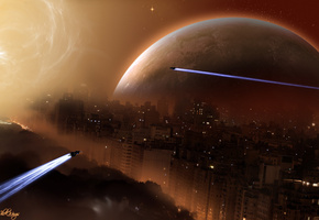 Город, планета, корабли, звезда