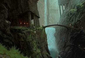 огни, мост, храм, водопад, горы, статуя, Пейзаж