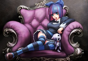 кресло, бант, stocking, Panty & stocking with garterbelt, девушка, игрушка