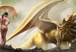 татуировка, скалы, магия, дракон, Девушка, посох