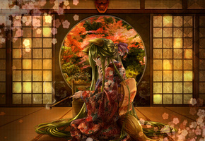 Девушка, зелёные глаза, длинные волосы, зелёные волосы