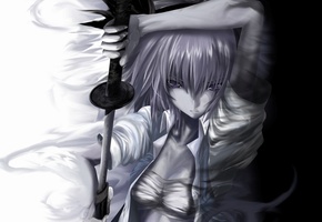 катана, меч, черное, белое, Touhou, девушка, рисунок