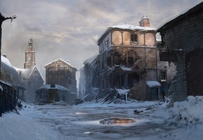 город, разруха, Рисунок, арт, зима