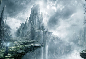 водопад, посох, крепость, обрыв, Замок, маг, путник