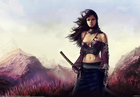 катана, aldo martinez calzadilla, Арт, горы, ветер, девушка, меч