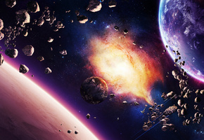 корабли, планеты, туманность, Астероиды, звезды