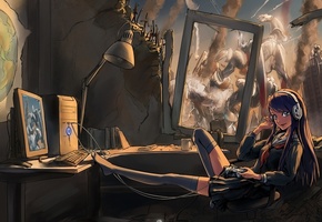 компьютер, джойстик, наушники, девушка, меха, Арт